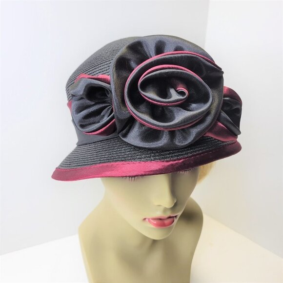 Dress Hat Adjustable in Red and Black with Satin Flower Rosette One Size - Picture 7 of 15
